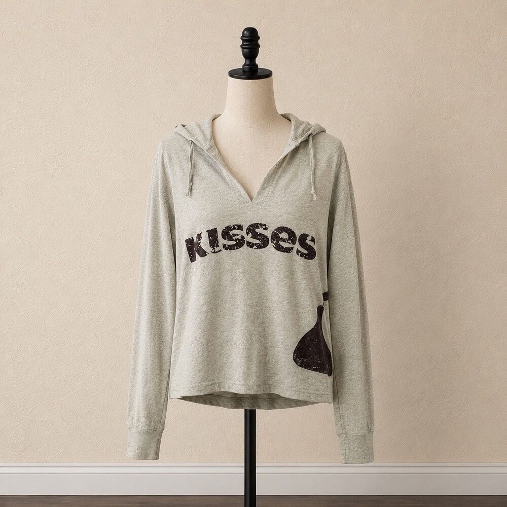 KISSES Graphic Hoodie Sweatshirt Women’s Medium Beige Pullover 100% Cotton